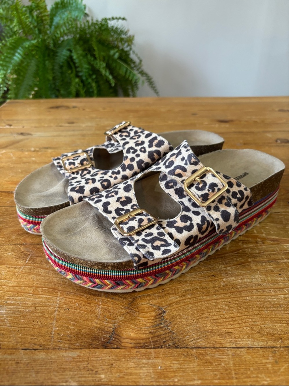 Seven Dials Leopard Print Double Buckle Platform Sandals with Gold Buckles